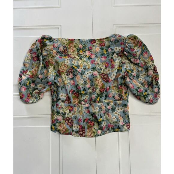 ZARA V Neck Gem Buttons Blue Floral Crop Top Short Sleeve Size Small S - Picture 4 of 4